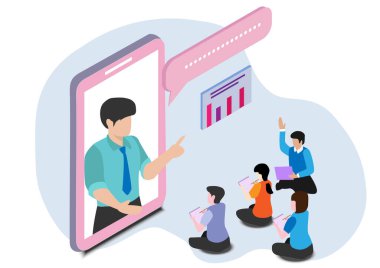 Akıllı telefon ekranındaki derslerle ve not defterlerine yazan bir grup öğrenciyle çevrimiçi kurs.