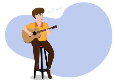 Gitar çalan bir adam akustik gitar çalar. Vector karikatür çizer..
