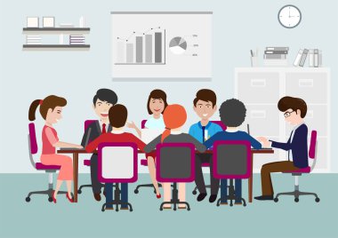 İş konferansı vektörü, kadın ve erkek projeleri ve sorunları tartışıyorlar. Grafikleri ve bilgi grafikleri olan pano, 