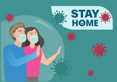 Evde kalıp, Coronavirus 'un yayılmasını engelleyin. Erkekler ve kadınlar, koruyucu cam kaplama altında. Düz biçim çizgi film çizim vektörü