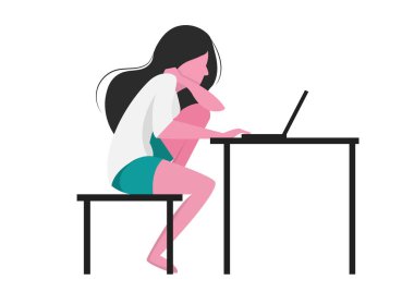 Beyaz arka planda dizüstü bilgisayarla evde oturan bir kadın. Evden bağımsız çalışma, çalışma ve çalışma fikirlerinin tasviri. Çizgi film tarzında vektör illüstrasyonu
