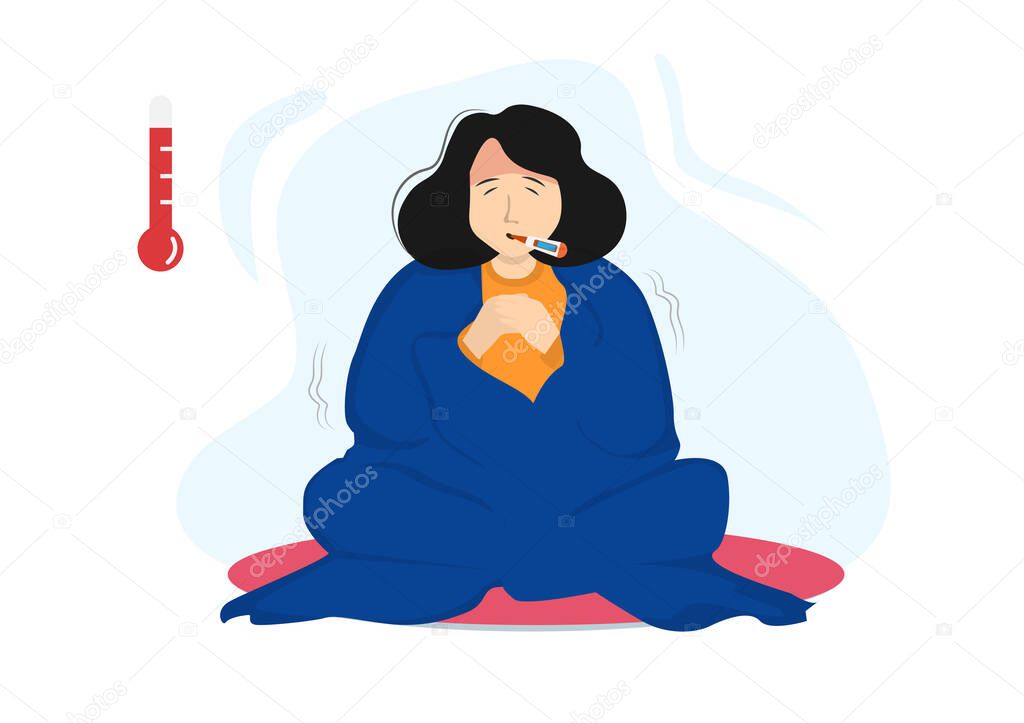 Female characters sick with coronavirus Concept of health problems and viral infectious diseases. Flat vector illustration