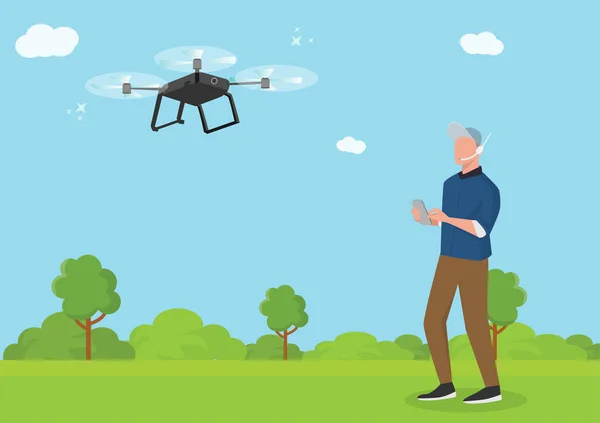 Mladý Muž Praktikující Let Dronem Městském Parku Vektor Kresleného Filmu — Stockový vektor