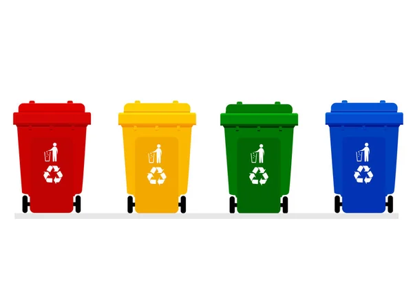 Четыре Разноцветных Переработанных Пластиковых Контейнера Красные Желтые Зеленые Синие Мусорные — стоковый вектор