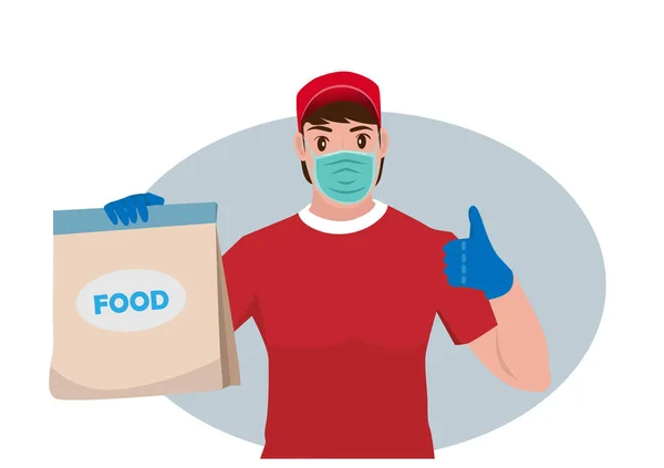 Food Delivery Man Wearing Mask Protective Gloves Carrying Paper Bag — Stockvector