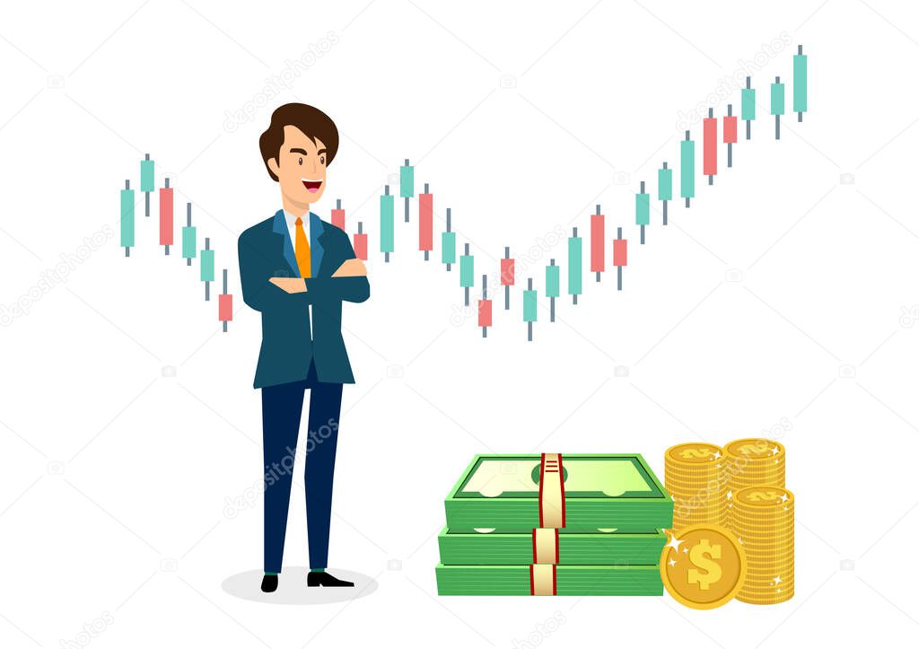 Businessman confidently standing in front of the rising stock market chart vector illustration background, showing the stock market trend with more assets.