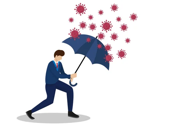 ビジネスマンは肺炎 2019年のコロナウイルス 世界の新しい株を防ぐために傘を持っています フラットスタイル漫画イラストベクトル — ストックベクタ
