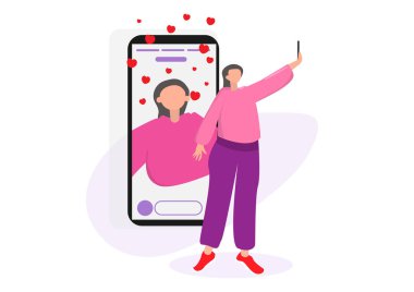 Güzel kızlar bir cep telefonunun uygulamasında selfie çekerek arkadaşlara kalp şeklindeki vektör illüstrasyonuna düz çizgi film yaptırıyor.