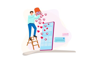 Genç blogcu herkesin sevdiği içeriği yaratmaya çalışıyor. Seyirci onun çalışması için kalplerine baskı yapacak. düz biçim çizgi film çizim vektörü