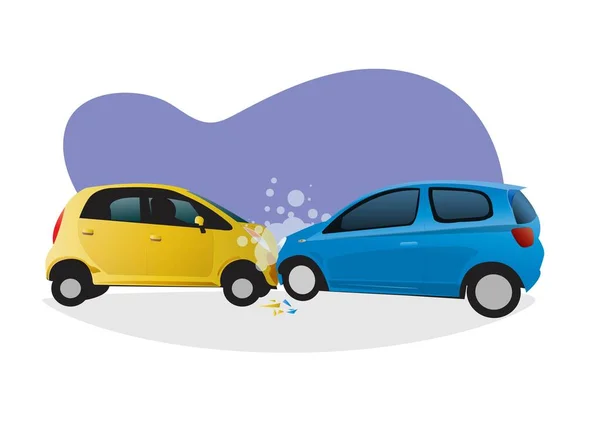 两辆车相撞 造成汽车前部冒烟和损坏 平面风格卡通画矢量 — 图库矢量图片