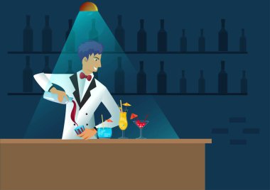 Çizgi film barmeni bardaki bardaki barmen karakterine kokteyl dolduruyor. Düz çizgi film çizimi.