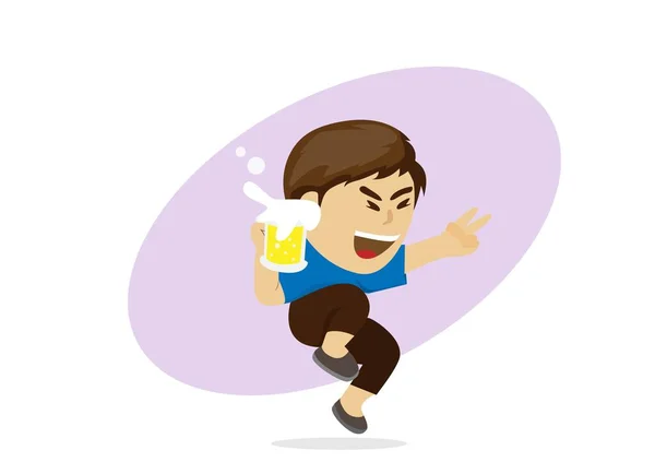 彼は喜びのためのジャンプジェスチャーを作るように幸せな男性キャラクターはビールを飲む フラットベクトル漫画イラスト — ストックベクタ