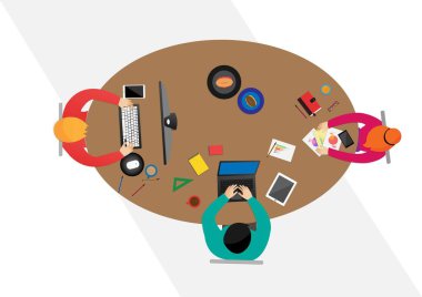 Farklı ofis karakterleri, stilleri ve meslekleri olan düz görünüm vektör tasarımcıları. yaratıcı takım çalışması süreci
