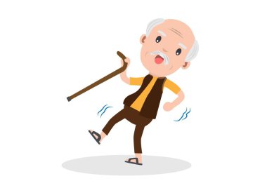 Elderly old man with a slippery cane medical wand Senior citizens over 65 years old pensioners cartoon illustration flat style vector isolated white background clipart