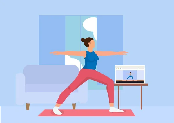 Ejercicio Casa Mujer Los Deportes Haciendo Yoga Estera Casa Concepto — Vector de stock