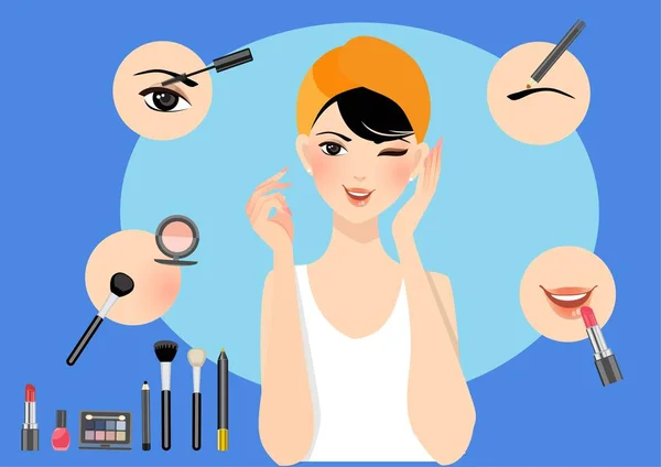 化粧を適用し 化粧を適用する方法を示す美しいアジアの女性ブロガー ライブVlogビデオを録画するフロントカメラ フラットスタイル漫画イラストベクトル — ストックベクタ