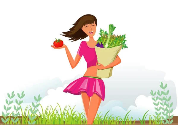 Young Woman Maintains Her Health Eating Clean Food She Shopping — Stock Vector