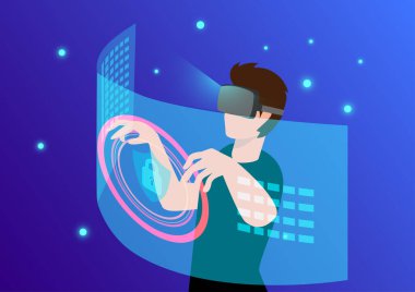 VR gözlük takan genç bir hacker sanal dünyadaki arayüze dokunmaya hazır. Gelecekteki teknolojinin düz izometrik vektör çizimi