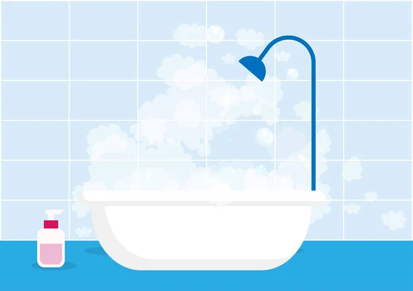 Bañera Con Espuma Interior Bañera Aislada Sobre Fondo Baldosas Azul — Vector de stock