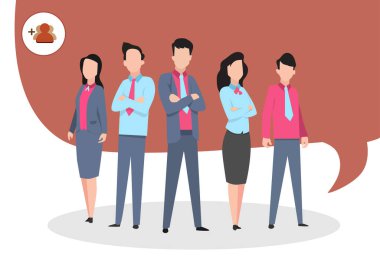 İş kıyafetleri giymiş bir grup kadın ve erkek. İş ekibi. Çalışmaya hazırım. Düz çizgi film vektör çizimi.