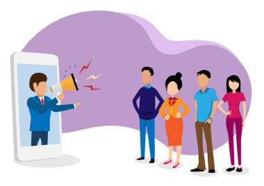 Akıllı telefon uygulaması yoluyla propaganda konsepti. Çevrimiçi uyarı. Düz biçim çizgi film çizim vektörü