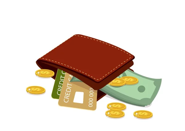 Altın sikkeler, kredi kartları ve cüzdanlarında dolar banknotları olan cüzdanlar. para tasarrufu kavramı karikatür biçimi çizimi illüstrasyonu
