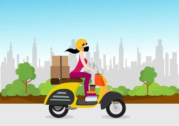 漂亮的女人骑着一辆黄色摩托车 老式摩托车 提箱送递服务 扁平的图例矢量 — 图库矢量图片