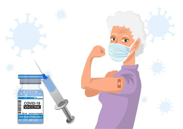 Old Woman Showing Coronavirus Vaccination Arm Distributing Vaccine General Population — Stockvector