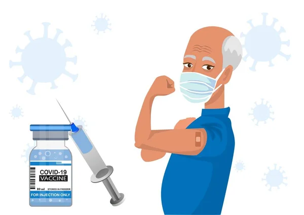 Alter Mann Zeigt Den Coronavirus Impfarm Und Verteilt Den Impfstoff — Stockvektor