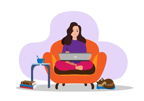 Genç bir kadın kanepede oturuyor ve evde dizüstü bilgisayarla çalışıyor. Merkez ofis konsepti. Serbest çalışan bir kadın, girişimci bir kadın. Modern iş. Düz biçim çizgi film çizim vektörü 
