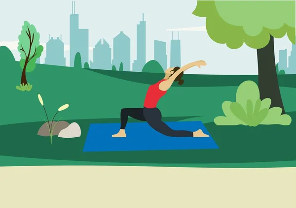 Chica Joven Postura Yoga Aire Libre Ejercicio Parque Ciudad Árboles — Vector de stock