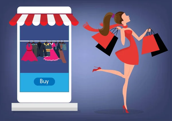 Online Shopping Lycklig Kvinna Gillar Att Köpa Kläder Online Applikationer — Stock vektor