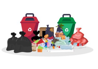 Kaldırımda bir sürü çöp torbası plastik atık, bir sürü plastik çöp torbası. Karton kutular, çöp şişeleri ve cam plastik tüpler. düz biçim çizgi film çizim vektörü