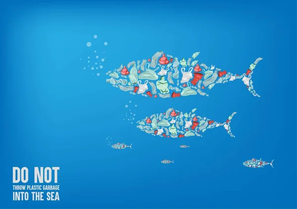 Denizde çöp, atık su, balık, nehirler çöp ve plastikle kirlidir. Tatlı su kirliliği taşıyıcı konsepti nehirdeki kirli çöpler. düz biçim çizgi film çizim vektörü