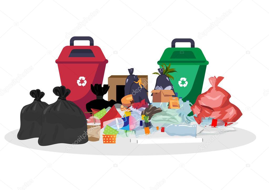 many garbage bags Plastic waste on the sidewalk, a lot of plastic garbage bags. Paper boxes, garbage bottles and glass plastic tubes. flat style cartoon illustration vector