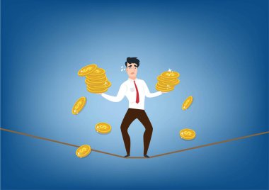 Yatırımlar iş adamları için risklidir. Karşılaştırıldığında, bir erkek karakter titreyen bir ipin üzerinde yürür. İki elinde de gümüş paralar vardı. Düz biçim çizgi film çizim vektörü