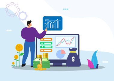 ROI konsepti, Yatırımın Dönüşü, finansal tabloyu yöneten insanlar, kar geliri, web iniş sayfası için uygun, evet, mobil uygulama, afiş. Düz biçim çizgi film çizim vektörü