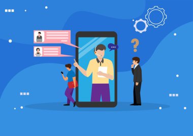 Müşteri desteği konsept tasarımı, kulaklıklı canlı müdahale operatörü, müşteri yönlendirme hattı. Düz biçim çizgi film çizim vektörü