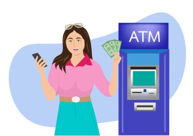 Genç bir kadın akıllı telefonundaki mobil bankacılık başvurusundan nakit para çekiyor. ATM 'den para çekiyor. banka uygulaması çizim biçimi illüstrasyonu