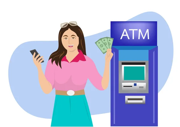 Μια Νεαρή Γυναίκα Κατέχει Μετρητά Από Μια Εφαρμογή Κινητής Τραπεζικής — Διανυσματικό Αρχείο