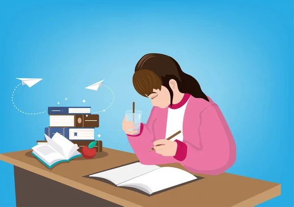 Chica Haciendo Tarea Lectura Para Los Exámenes Con Intención Lindo — Vector de stock