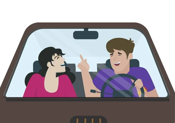 两个快乐的年轻人坐在车里开车的男人和坐在乘客座位上的女人 丈夫和妻子 卡通风格的矢量图解 — 图库矢量图片