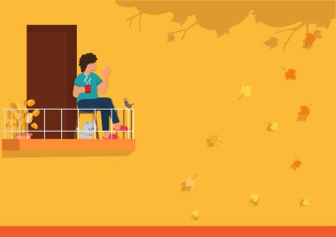 Yakışıklı genç adam sonbaharda kedisiyle balkonda çay yudumluyor. Düz biçim çizgi film çizim vektörü