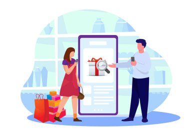 İnternetten alışveriş sipariş et. Akıllı telefon siparişi, online alışveriş. İnsanlar mobil uygulamadan market ürünleri alıyorlar. Online Süpermarkette sipariş ve teslimat. Düz biçimli vektör illüstrasyonu