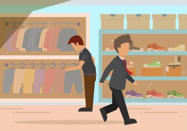 İnsanlar düz vektör çizimleri yapıyor. Mutlu butik müşteriler ve arkadaş canlısı çizgi film karakterleri. Kıyafet satışı, tüketim konsepti. Giyim mağazası, giyim mağazası..