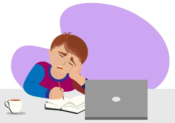 Rapaz Cansado Fazer Trabalhos Casa Portátil Noite Adormecer Aprendizagem Online —  Vetores de Stock