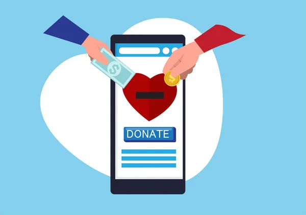 Пожертвовать Через Смартфон Онлайн Дома Ручной Пожертвовать Деньги Помощью Онлайн — стоковый вектор