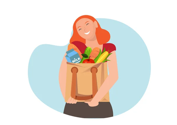女性は野菜の入った繊維袋を手に持っている 有機製品の買い物 プラスチックに言うな 無駄のない消費と環境を保存します エココンセプト ベクトル平図 — ストックベクタ