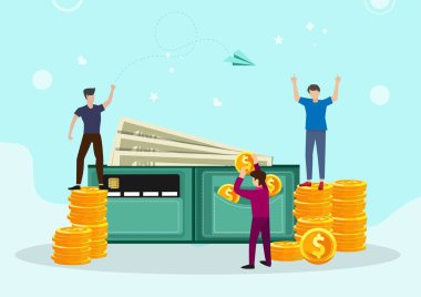 Bozuk paralar, banknotlar ve kredi kartları için cüzdan Karakter çalışanları yatırımların güvence altına alınmasına ve tasarruf edilmesine yardımcı olur. Yönleri ve hedefleri belirlemek için. Düz biçim çizgi film çizim vektörü