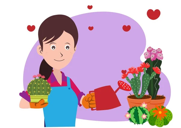 サボテンの花店の所有者は 彼女は植物の世話をし それらを維持します 彼女の店で木を美しくしなさい フラットスタイル漫画イラストベクトル — ストックベクタ